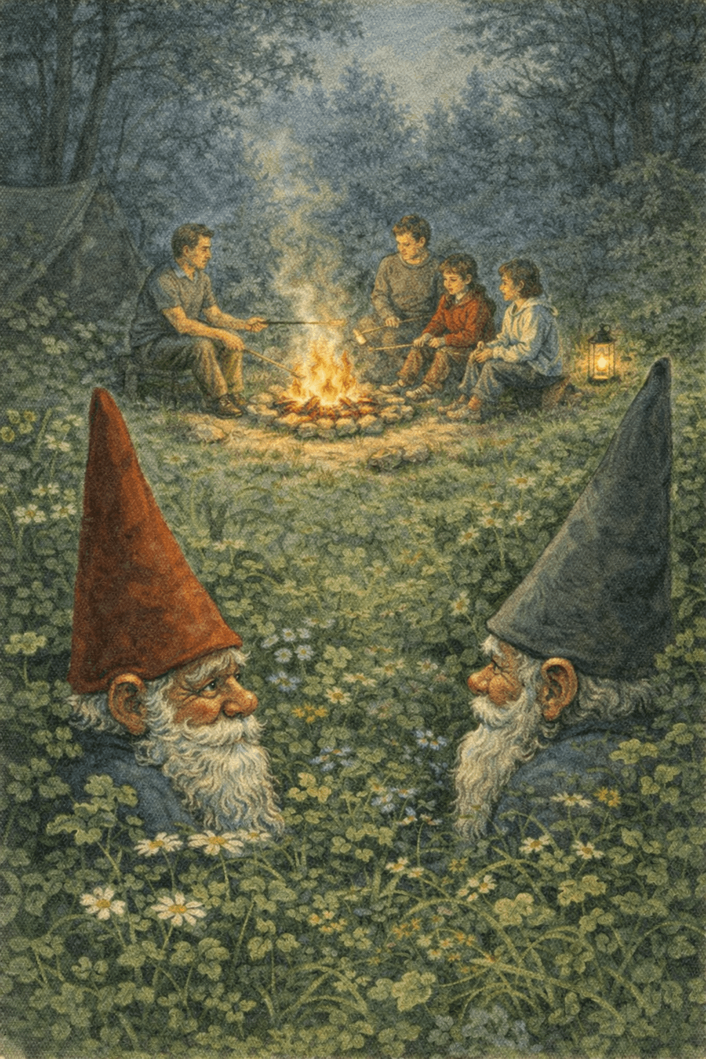 A campfire gathering observed from the tree line. The warmth draws them near.
