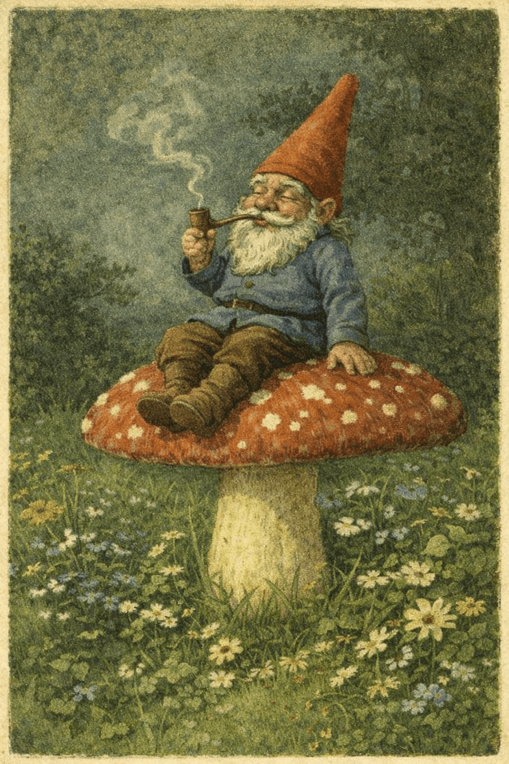 Field illustration — Gnome specimen observed atop fungal growth