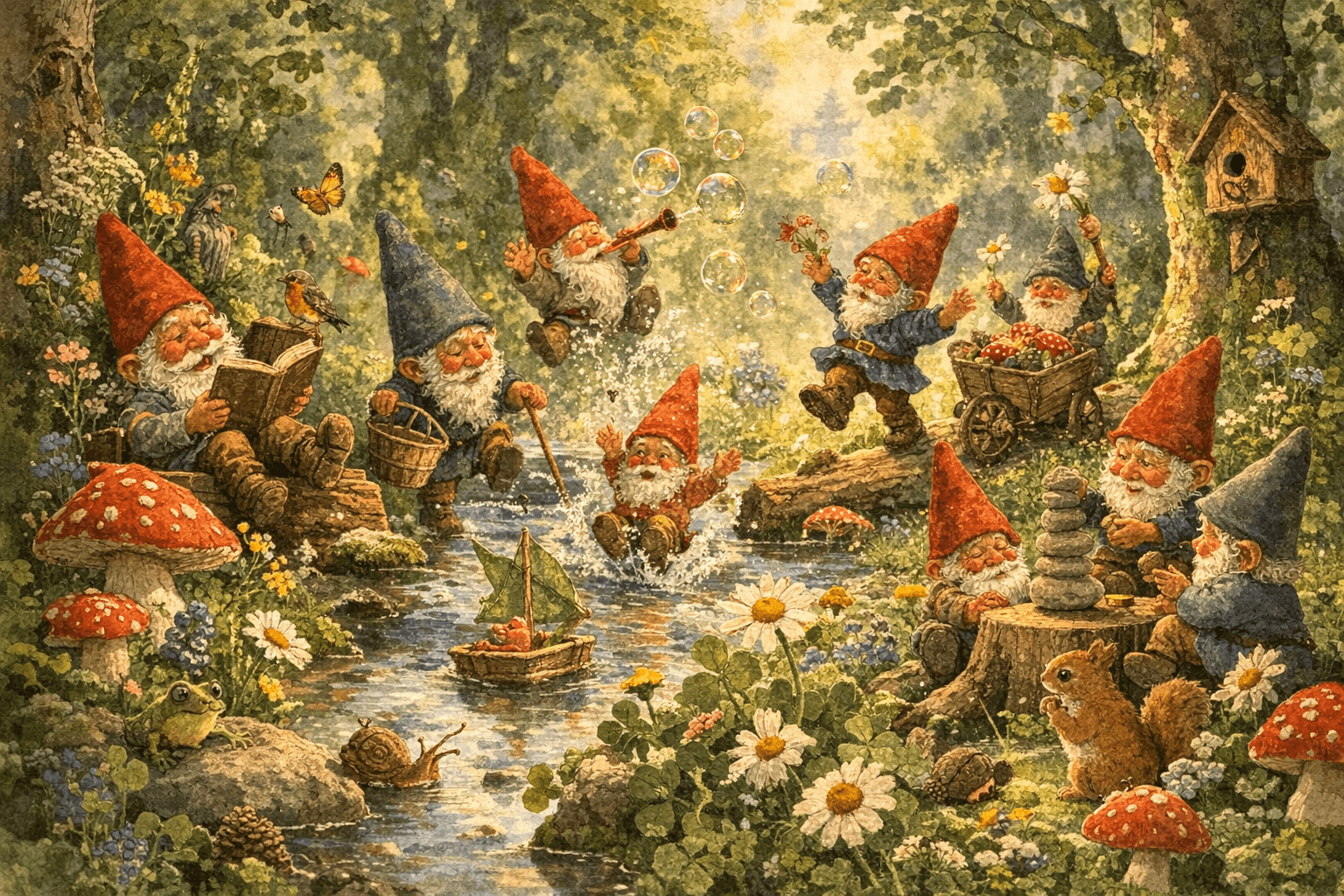 A lively group observed at play in the meadow, wholly unaware of the observer's presence.